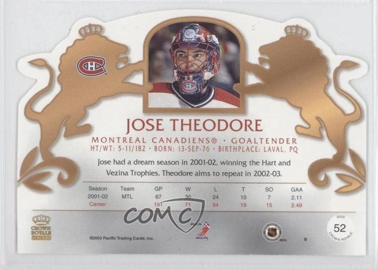 2002-03 Pacific Crown Royale Red Jose Theodore #52 - Image 2 of 2