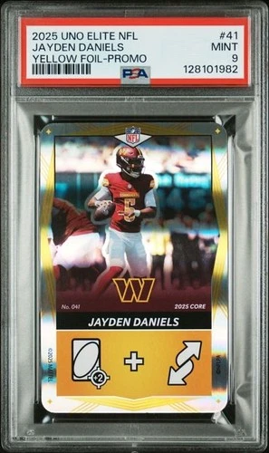 2025 UNO ELITE NFL CORE EDITION #41 JAYDEN DANIELS YELLOW FOIL PROMO POP 5 PSA 9