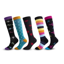 5 Pairs Women Compression Socks Creative Knee High Stockings Running 15-20 mmHg