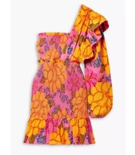 Farm Rio Flowers Garden 1 Shoulder Dress S Smocked Mini Tropical Floral Puff Slv