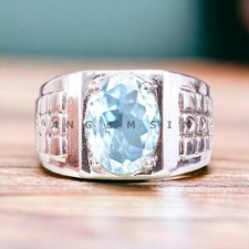Aquamarine Gemstone With 14K Solid White Gold Groom Ring For Men's BL231