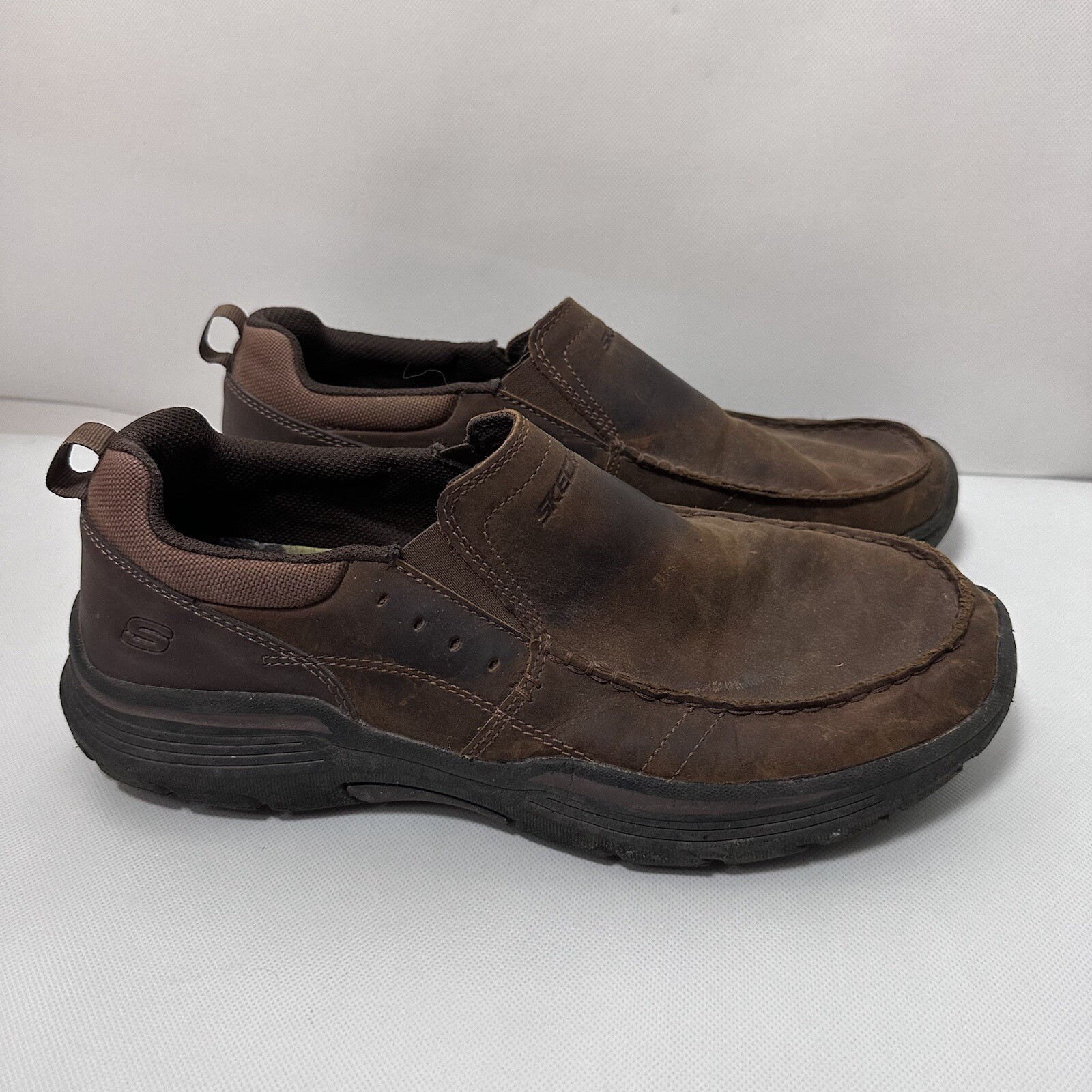 Skechers Loafers Mens11.5 Brown Expended Seveno Slip On Leather Classic Casual-image