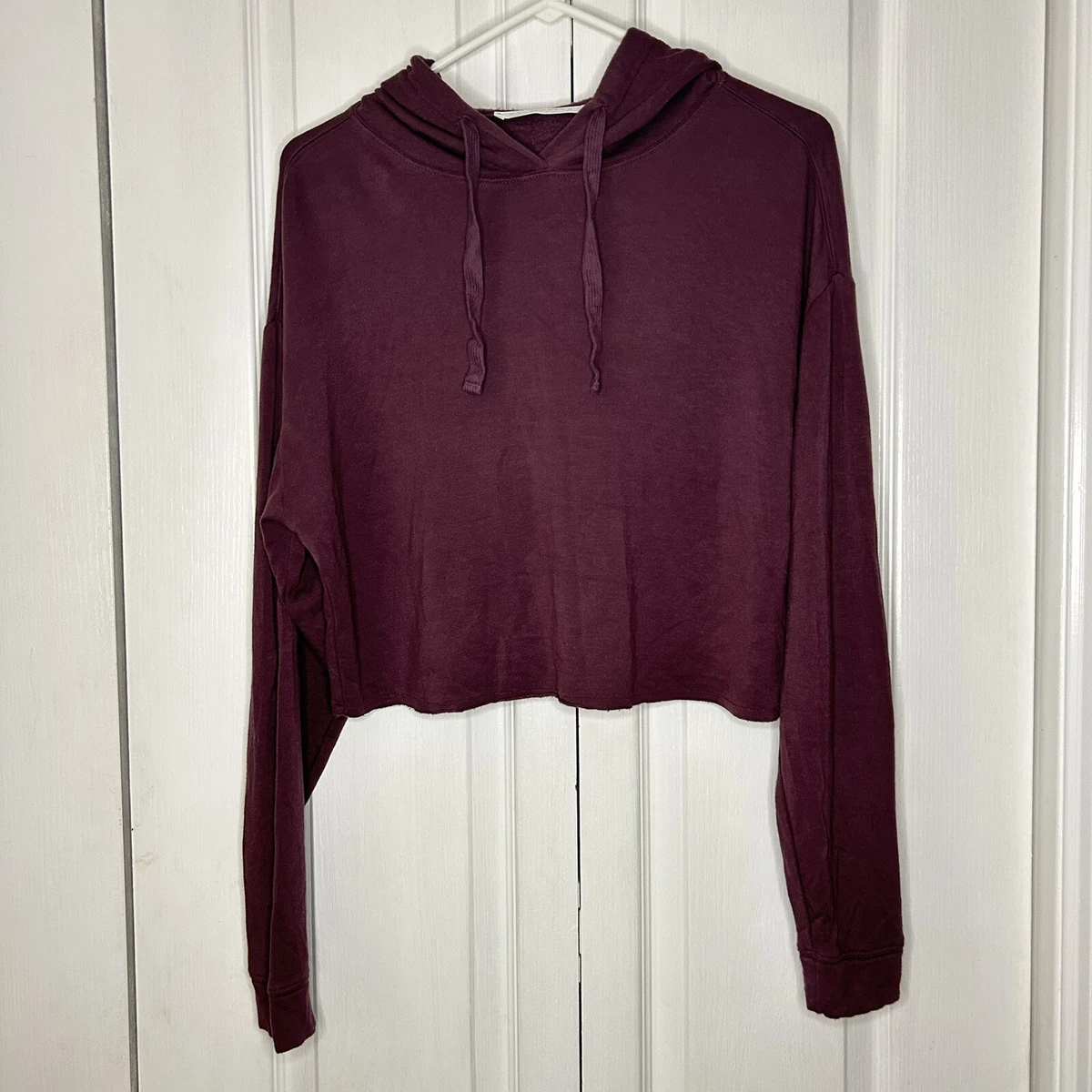 Double Zero Womens Burgundy Cropped Soft Cozy Long Sleeve Hoodie Small