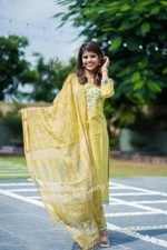 Khadi Cotton Embroidered Kurti Pant Dupatta Set Yellow Women Party Wear Suit