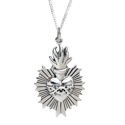 Flaming Sacred Heart Pendant Necklace Thorns 925 Sterling Silver Jewellery & Box