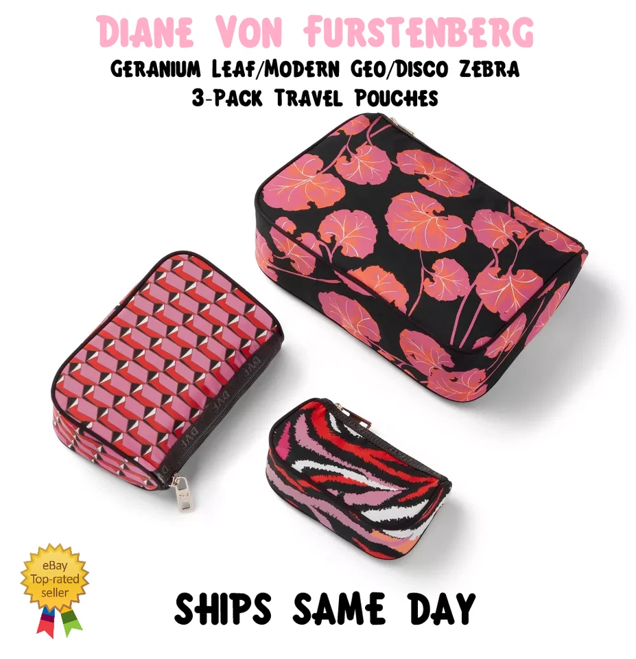 DVG Diane Von Furstenberg Hoja de Geranio Geo Disco Cebra Paquete de 3 Bolsas de Viaje NUEVO