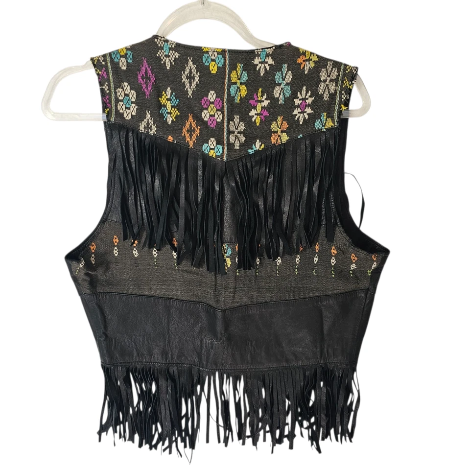 Leather Fringed Vest Ikat Ethnic Pattern Size Small Artisan Handmade Black Boho - Image 2 of 4