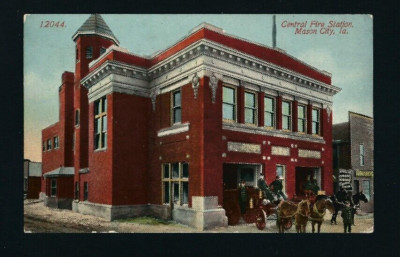 Mason City Iowa IA c1907 Old Corner Brick Central Fire House, Horse Drawn Wagons