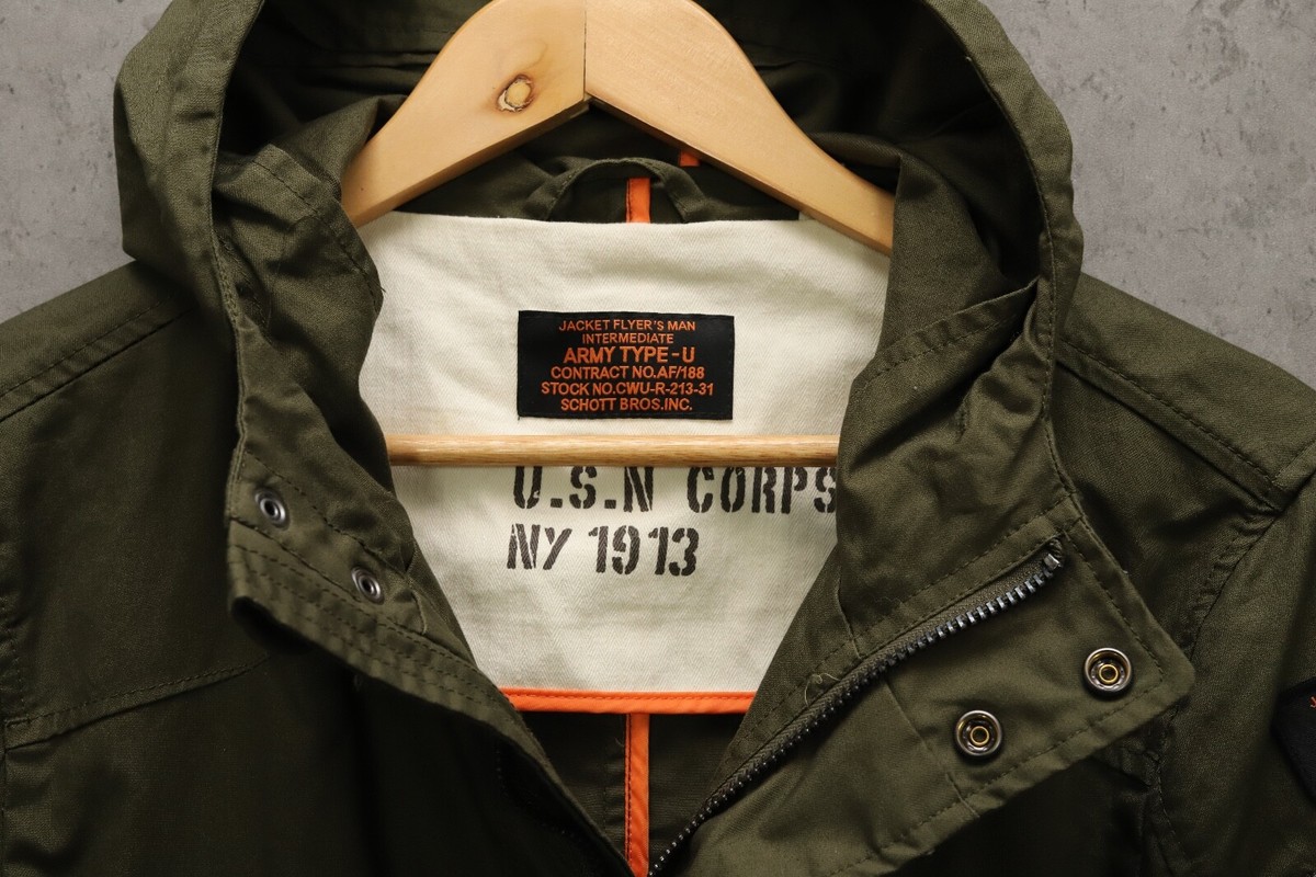 SCHOTT Men's Cotton Green Khaki Army Type-U Flyers Parka Zip SCHOTT Men's Cotton Green Khaki Army Type-U Flyers Parka Zip