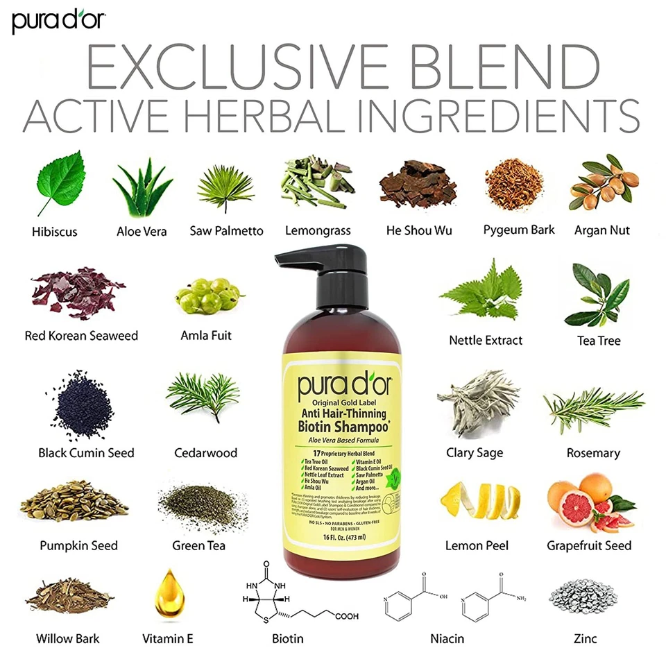 Xampu PURA D'OR Dor Original Gold Label Anti-Abastecimento de Cabelo Biotina 16 oz - Imagem 3 de 4