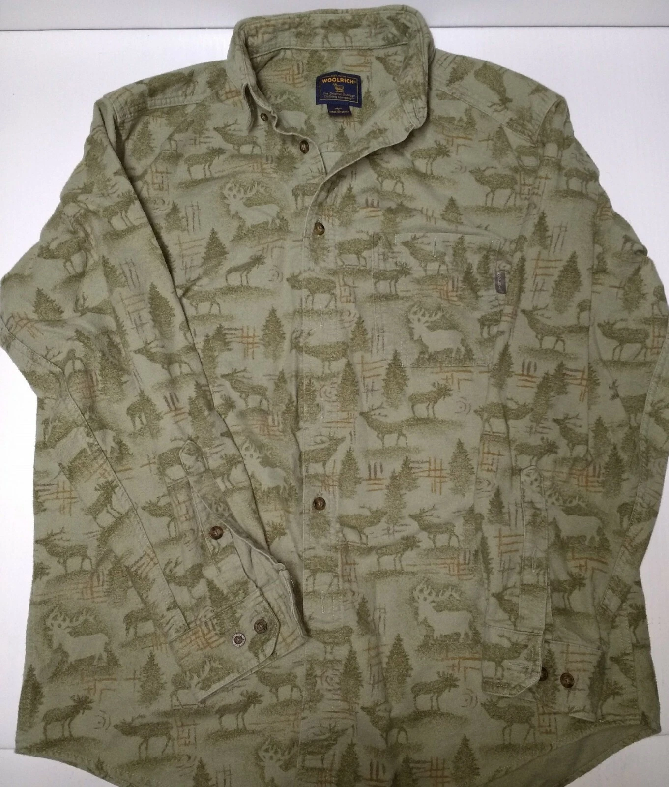 Woolrich Men's Large Flannel Shirt Green Elk Deer Tree Print Button Down Outdoor
