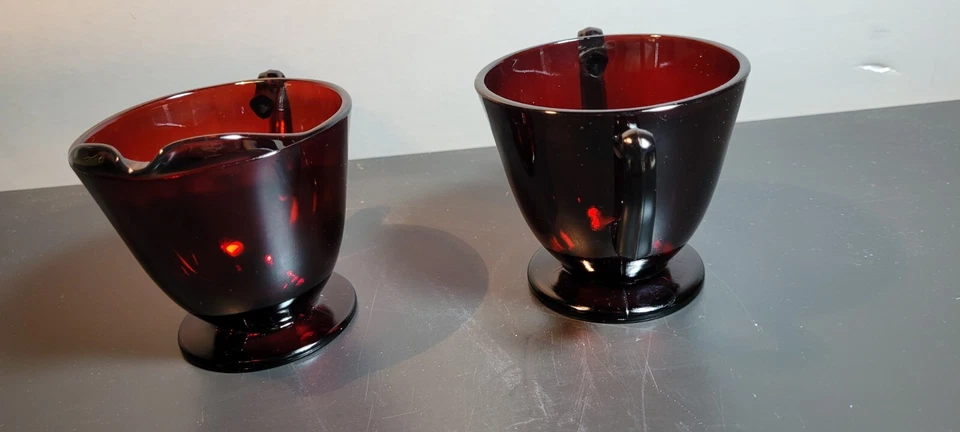 Anchor Hocking Royal Ruby Red  Depression Glass Open Sugar & Creamer Set 3.5"  - Image 4 of 4