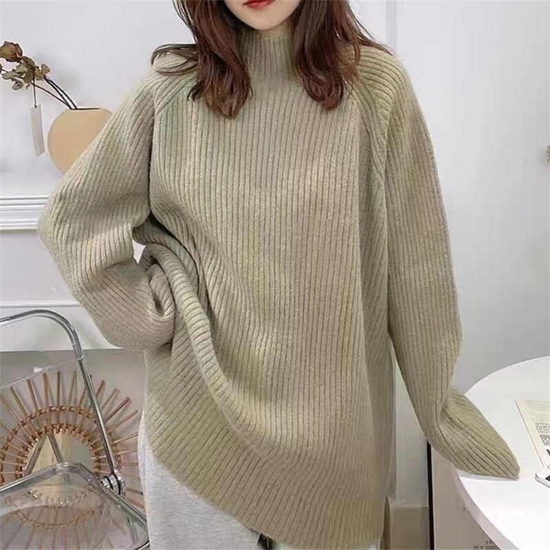 Womens Long Sleeves Fashion Loose Baggy Knitted Sweater Half High