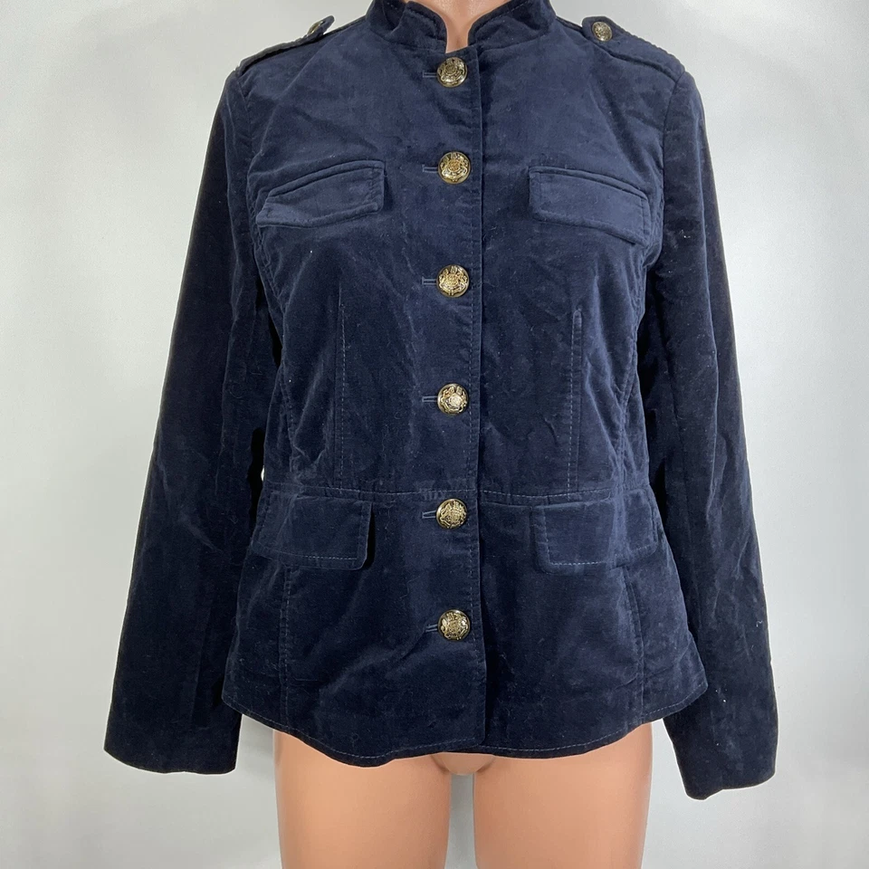 Talbots Navy Velvet Button Up Jacket Military Style sz 6 - Image 4 of 4