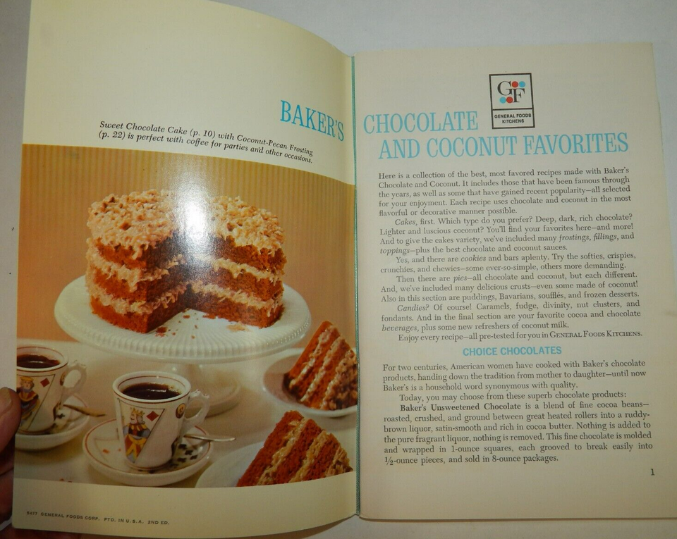 Baker's Chocolate and Coconut Favorites Vintage 1965 Cookbook General
