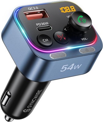 Syncwire Bluetooth 5.4 FM Transmitter Car Adapter 54W (PD 36W & 18W) Blue 