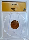 1952-S Lincoln Wheat Cent 1c ANACS MS 64 RD