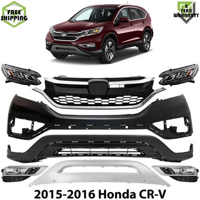 Front Bumper Cover Primed Plastic & Headlights Kit For 2015-2016 Honda CR-V