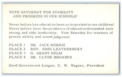 c1950's School Trustee Election Progress Forth Worth Texas TX Unposted Postcard