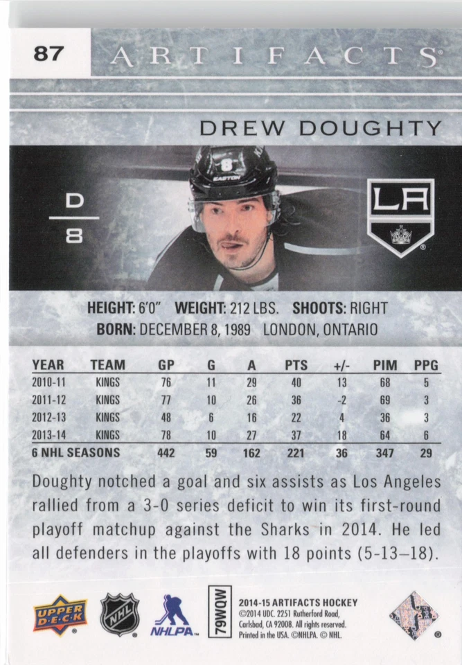 2014-15 Upper Deck Artifacts #87 Drew Doughty - Image 2 of 2