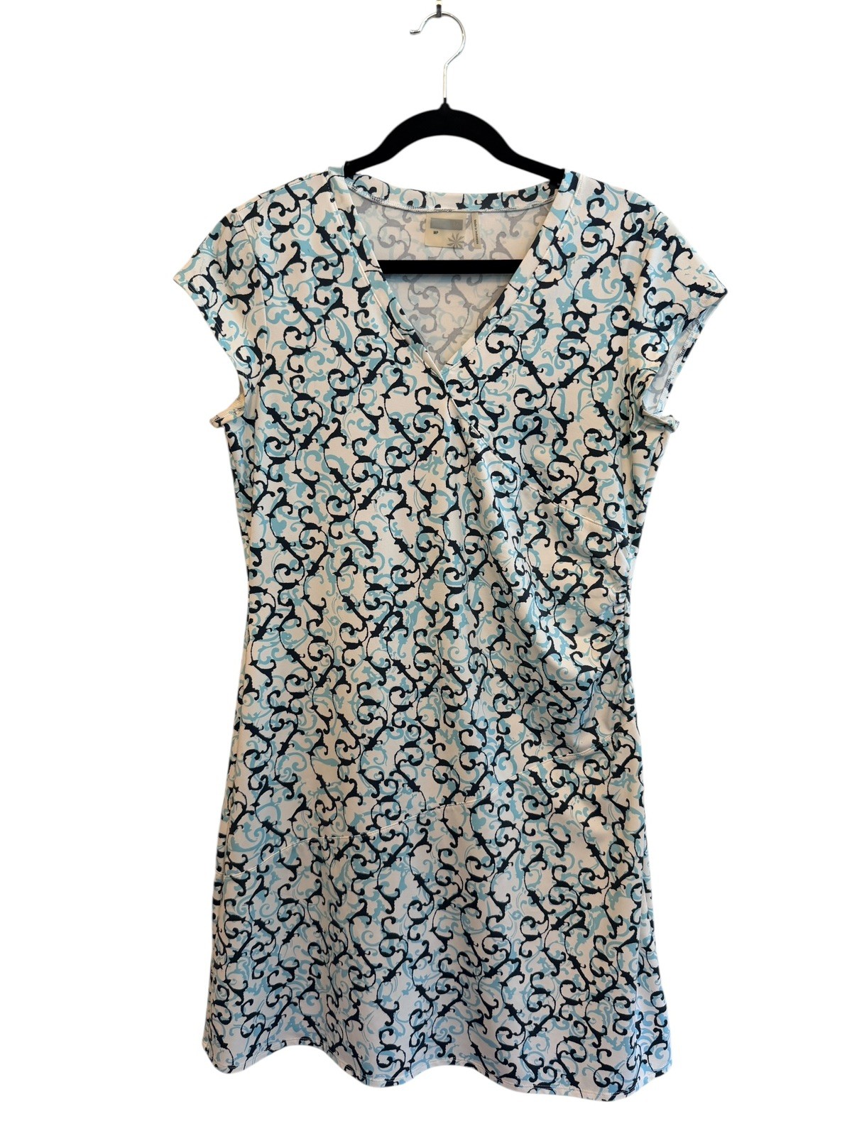 Athleta Nectar Faux Wrap V-Neck Dress Sz MP  Blue White Vine Scroll Print
