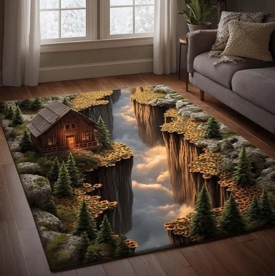 Fantasy Cliff Cabin 3D Illusion Area Rug, Floating Canyon Forest Floor Mat