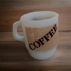 Vintage Anchor Hocking Fire King Milk Glass Coffee Mug Burlap Mesh Graphic White