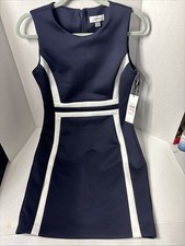 Women's Calvin Klein NWT White Contrast Navy Blue Dress 10 Petite
