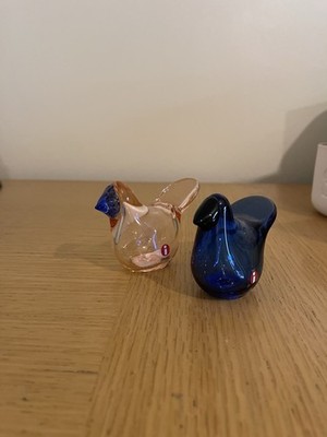 Toikka Iittala Fliegenfänger Sieppo Glas Vögel Paar. 1 x Lachs Rosa 1 x Blau Neu