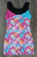 Moret Active Girl Dance Gymnastics Leotard Unitard S 6 7 Black Pink Blue Hearts