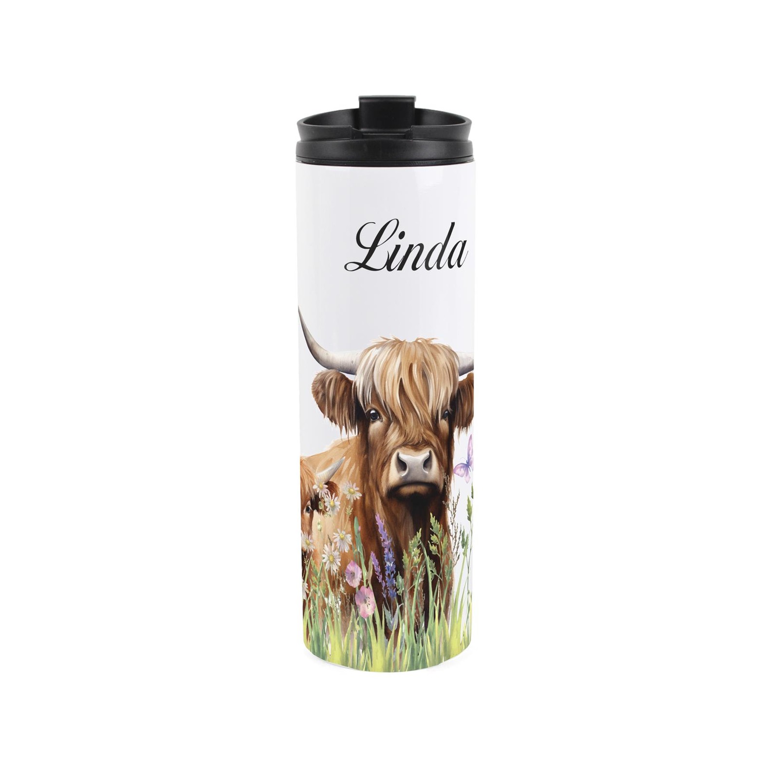 Personalised Highland Cow & Calf Travel Mug - Farm Animal Stainless Steel Flask