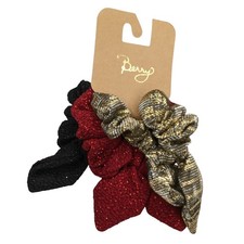 Festive Holiday Scrunchie Set Red, Gold Black Ponytail Bows