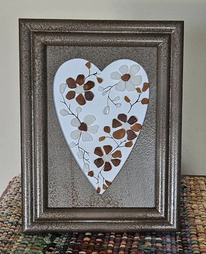 Authentic Lake Erie Beach Glass FLOWERS Picture Coastal Decor Sea Pebble Art