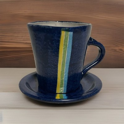 Vintage Handmade Pottery Cup And Saucer Shicali El Salvador C.A. Blue Glaze