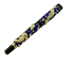 Jinhao Blue Cloisonne Double Dragon Rollerball Pen Big and Heavy Craft Gift Pen