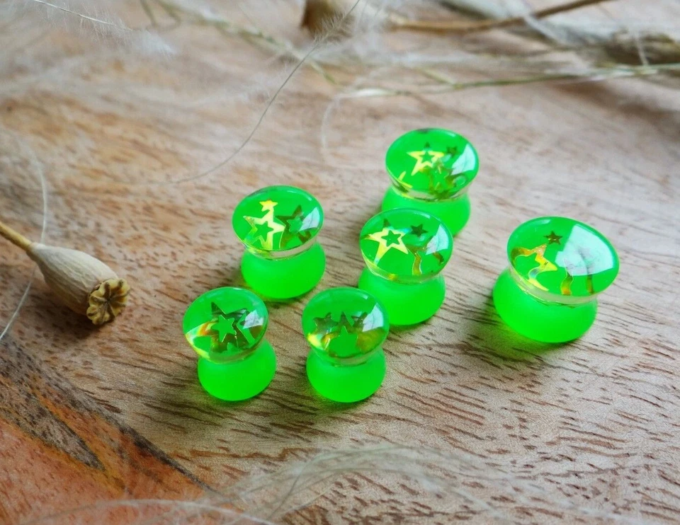 Glowing gauges Neon green earrings for gauged ears Resin plugs tunnels 00g Pair - Image 4 of 4