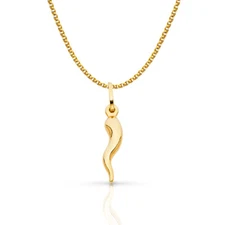 14K Yellow Gold Italian Horn Charm Pendant &1.5mm Flat Open Wheat Chain Necklace