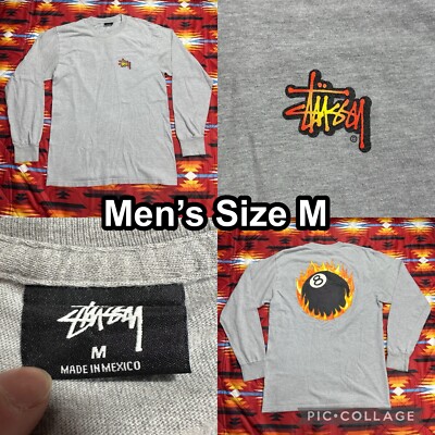 Stussy Flame 8 Ball Long Sleeve Gray T-Shirt Men's Size Medium | eBay