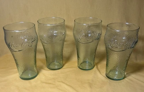 Set of 4 Green Coca Cola Contour Glasses Logo Vintage Coke Glassware
