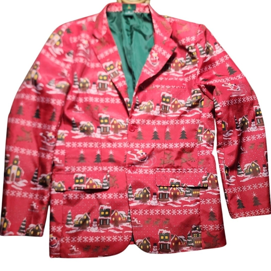 Unisex Christmas Santa Reindeer Snowy Cabin Snowman Holiday Blazer Med