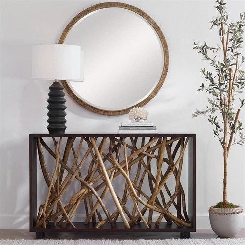 Uttermost Teak Maze Transitional Wood Console Table in Natural/Walnut - Picture 2 of 6