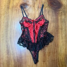 Vintage 90s Midnight Hour Top Lingerie M Satin Lace Pinup Teddy Sheer FF10