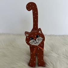 Vintage Wooden Cat Figurine Hand-Painted Folk Art Primitive Rustic Cat Decor 9  