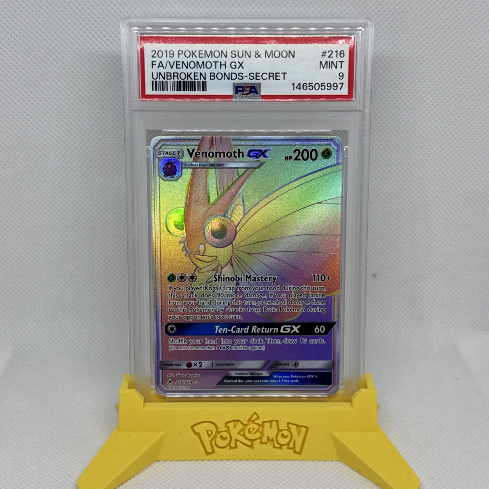 2019 POKEMON SUN & MOON UNBROKEN BONDS SECRET #216 FULL ART/VENOMOTH GX PSA 9