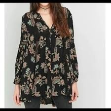 FREE PEOPLE Just The Two Of Us Black Boho V Neck Flowy Swing Tunic L