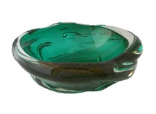 MCM Murano Art Glass Archimede Seguso Emerald Green Large Bowl Gold Leaf Flake