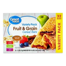 Great Value Fruit & Grain Cereal Bars, Variety Pack, 1.3 oz, 32 Count