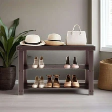 Shoe Rack Bench, 3-Tier Bamboo Storage Organizer, Suitable for Bedroom, Brown