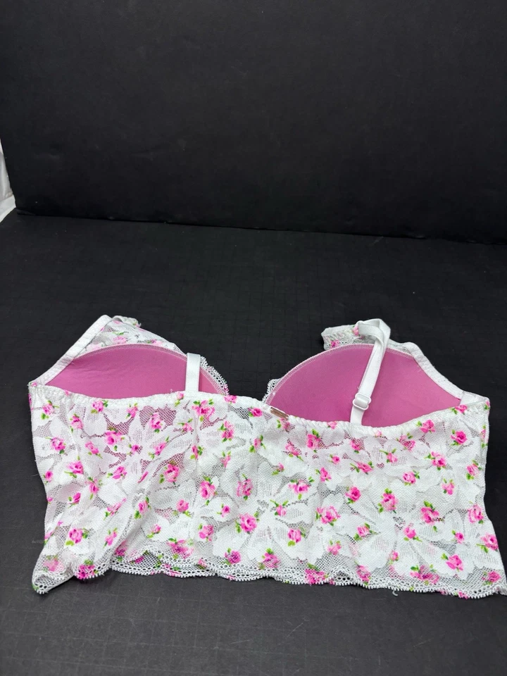 Victoria's Secret PINK  Push Up Bralette White Lace No Wire Pink Flowers MEDIUM - Image 2 of 4