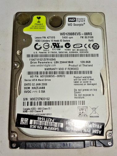 WESTERN DIGITAL * WD1200BEVS-08RS* 120 GB ** SATA HDD Notebook 2,5 Zoll #NFP1449